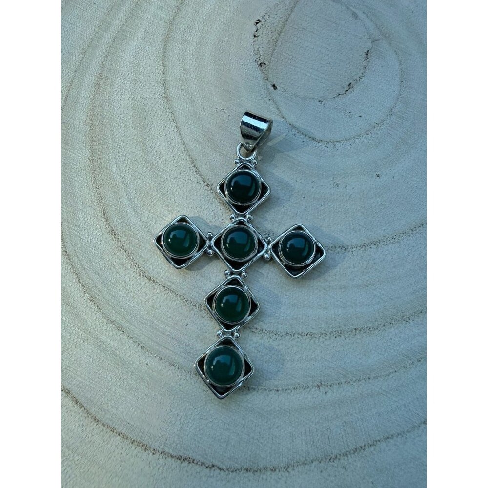 Artisan Sterling Silver Cross Pendant G Onyx  Cabochon Stones Religious Crucifix